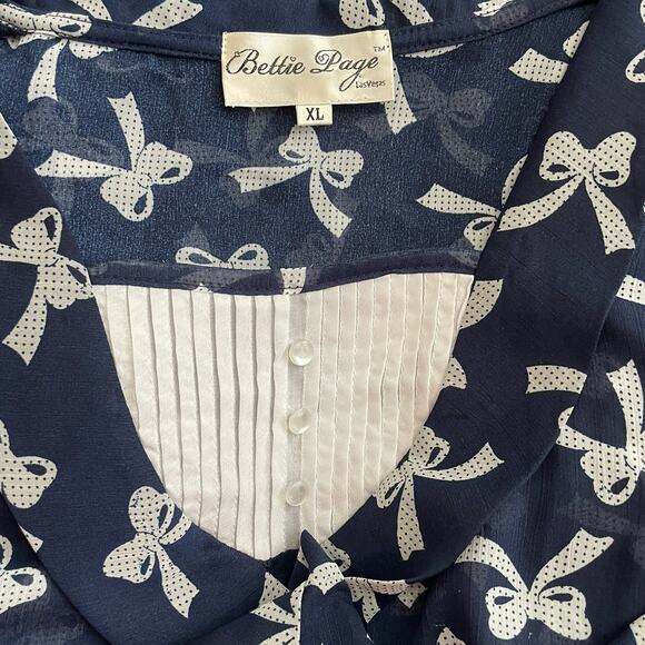 Bettie Page Las Vegas XL 10 Navy Blue & White Bow 40s Style Day Dress - Picture 5 of 13